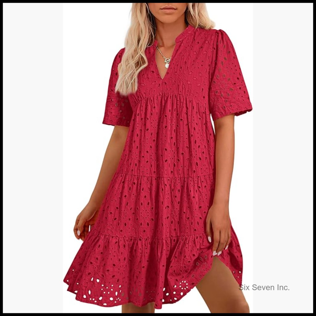 V-Neck Short Sleeve Hollow Out Lace Ruffle Casual Mini Dress